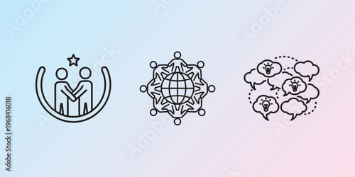 Business icons, teamwork, global network, communication symbols, line art