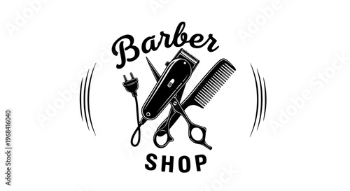 Barber Shop Logo illustration featuring classic grooming tools like scissors, comb, and hair clipper, perfect vector graphic design for hairstylists and salons.