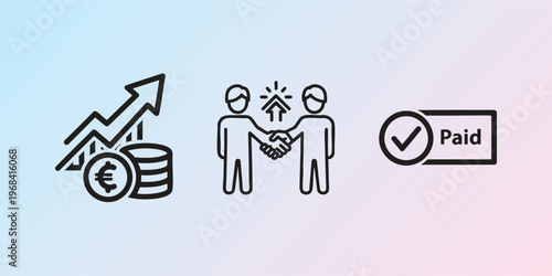 Business finance icons, payment and partnership symbols, financial growth vector graphics