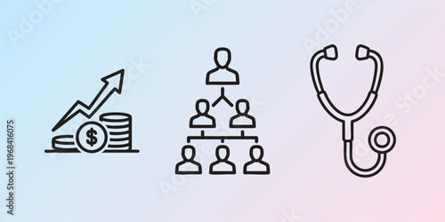 Business finance icons, healthcare and teamwork symbols, line style vector graphics