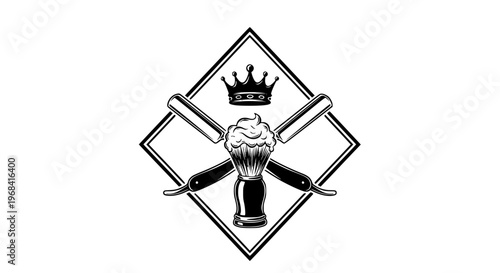 Barbershop vintage grooming tools vector illustration graphic featuring crossed straight razors, shaving brush with lather, and a crown emblem, ideal for classic men's salon branding.