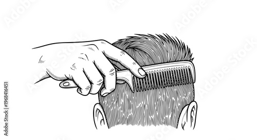 Hair combing vector illustration showing a hand holding a comb styling short hair on a head, representing personal grooming, barber services, and beauty salon care design graphic.