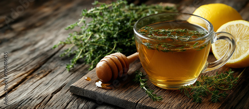 Fresh Thyme Tea with Honey and Lemon. A clear glass filled with aromatic thyme tea infused with honey and lemon slices, resting on a rustic wooden board alongside fresh thyme sprigs 