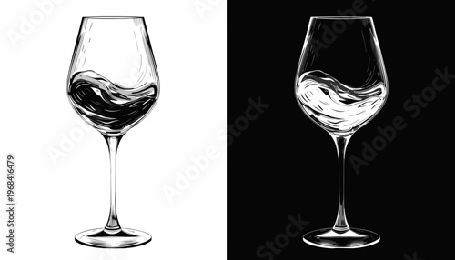 Two isolated crystal red wine glasses filled with deep liquid reflection stand beside a clean, transparent empty glass on a black background for a celebration party at a bar