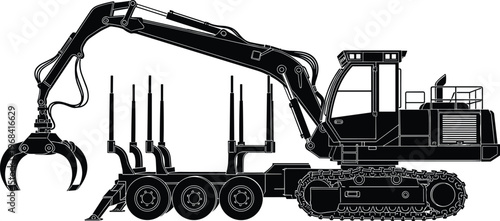 Forestry harvester machine silhouette with crane and grapple, logging equipment icon, heavy construction vehicle, timber industry concept, industrial vector illustration design