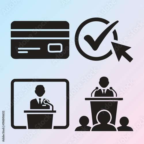 Business presentation, finance icons, payment symbols, corporate meeting, 4 vector graphics