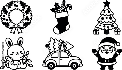 Vector line art christmas icons wreath stocking christmas tree rabbit car santa