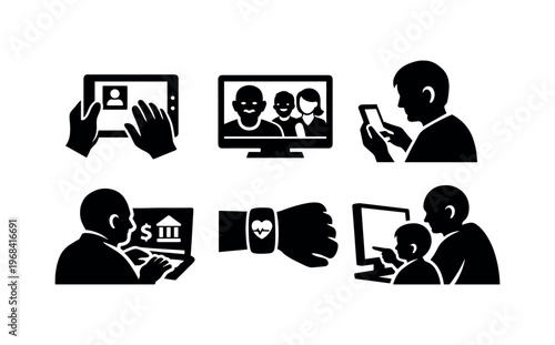 Senior tech icon set. tablet video call, computer conference, smartphone, online banking, wearable health, computer tutoring, digital communication for older adults. flat vector illustration.