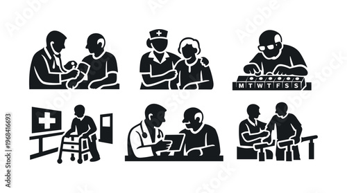 Senior healthcare icon set. elderly care, nursing, caregiver, doctor, medical assistance, medication management, mobility support, home care, clinic visits. line, flat and colored vector icon set.