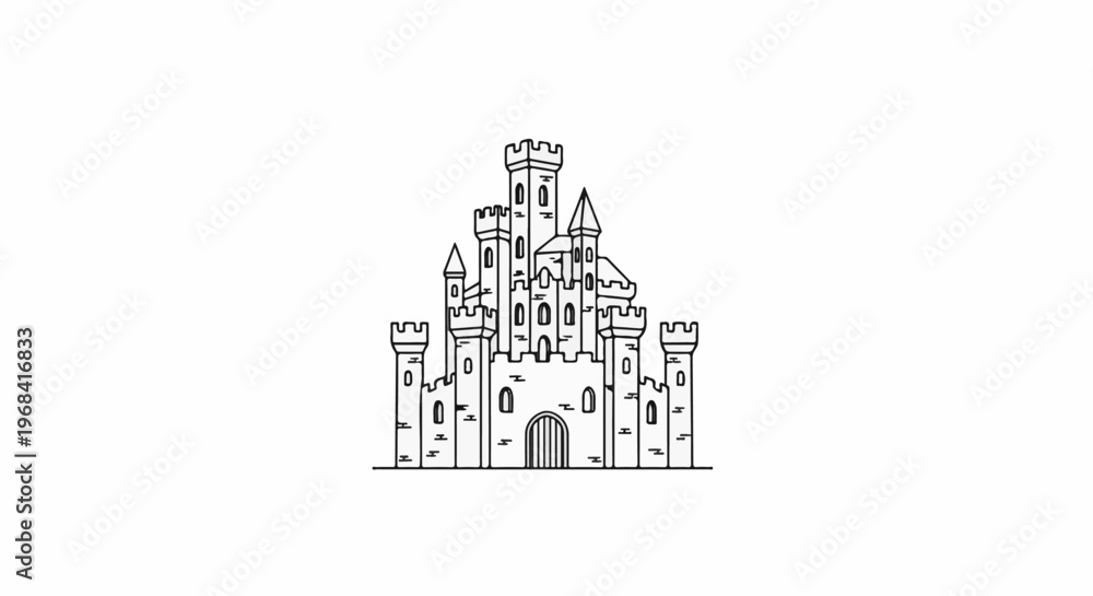 Naklejka premium A stylized, black and white drawing of a fairytale castle