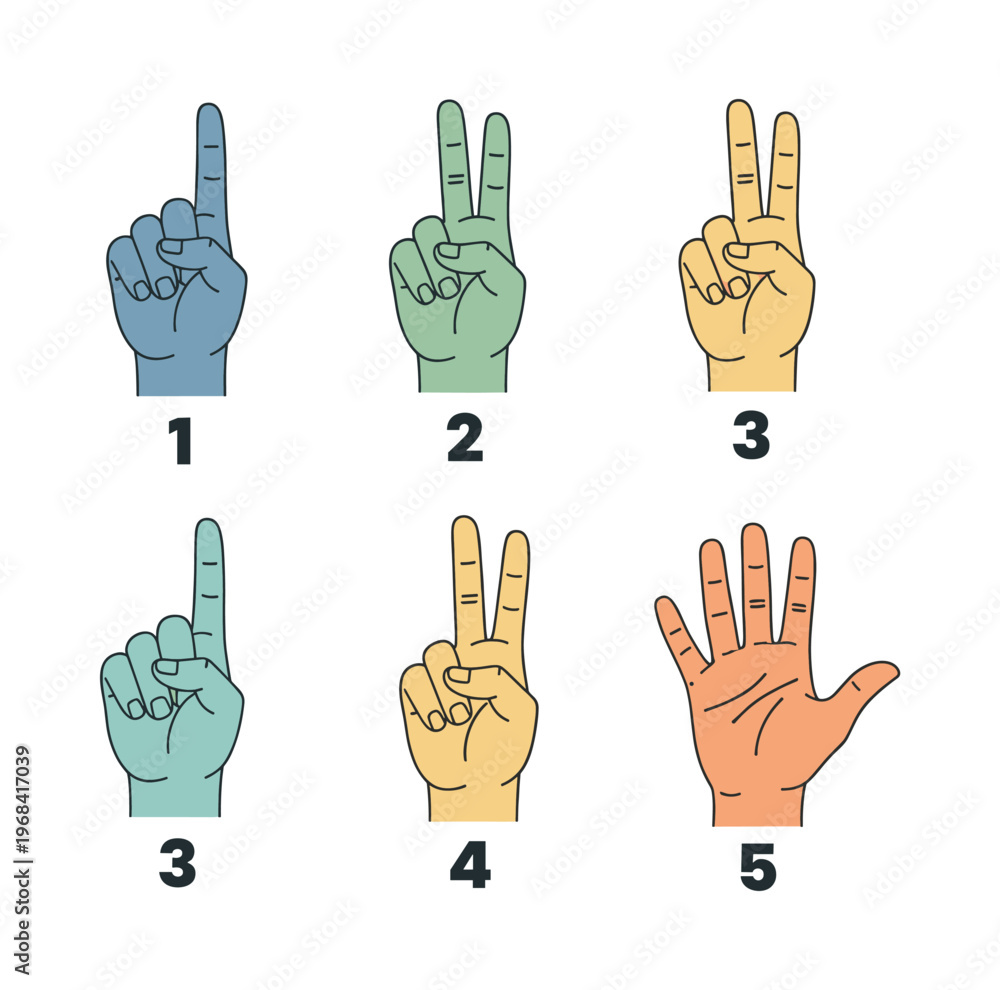 Fototapeta premium Hands making count gestures from one to five using fingers, symbolizing numbers, learning, and different ways of communication