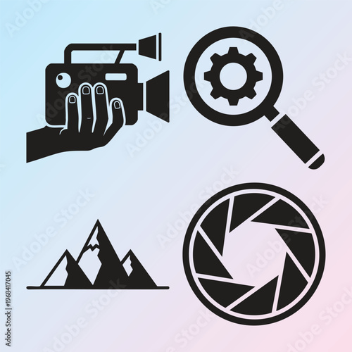 Photography icons, camera symbols, video camera, editing tools, travel and landscape graphics