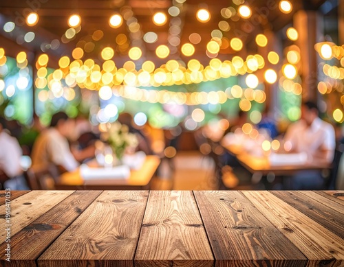 Wooden Tabletop with Blurred Festive Background Lights.