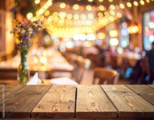Wooden Table Surface With Blurred Restaurant Background.