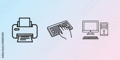 Office equipment icons, computer peripherals, printer, keyboard, desktop symbols, business technology