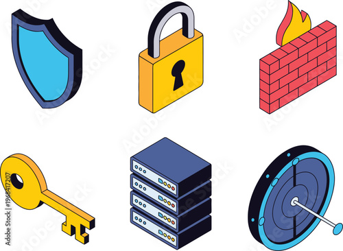 Obraz na plátně Security multicloud icon set, modern isometric flat vector style featuring shield lock firewall key server and radar for cloud protection and cybersecurity design