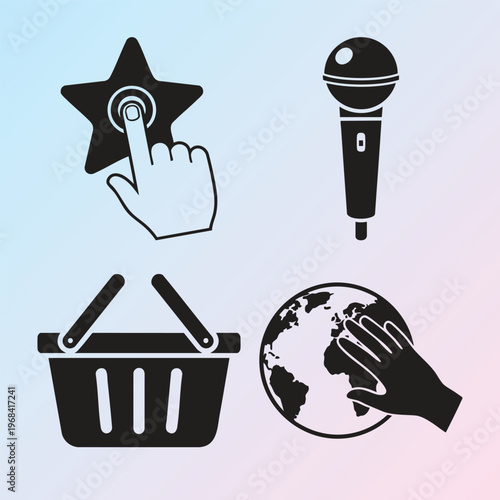 Black icons, hand, star, microphone, shopping basket, globe, 4 vector graphics