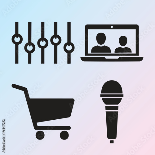 E-commerce, online shopping, video conference, microphone icons, 4 symbol set