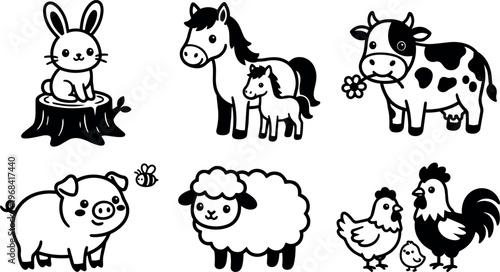 Farm animals collage with rabbit horse cow pig sheep and chickens