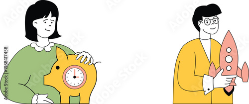 A woman holding a piggy bank and another holding a colorful rocket toy together in cheerful setting