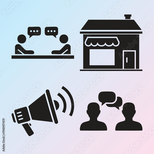 Business Communication Icons, Black Vector Graphics, Office, Marketing Symbols, 4 Elements