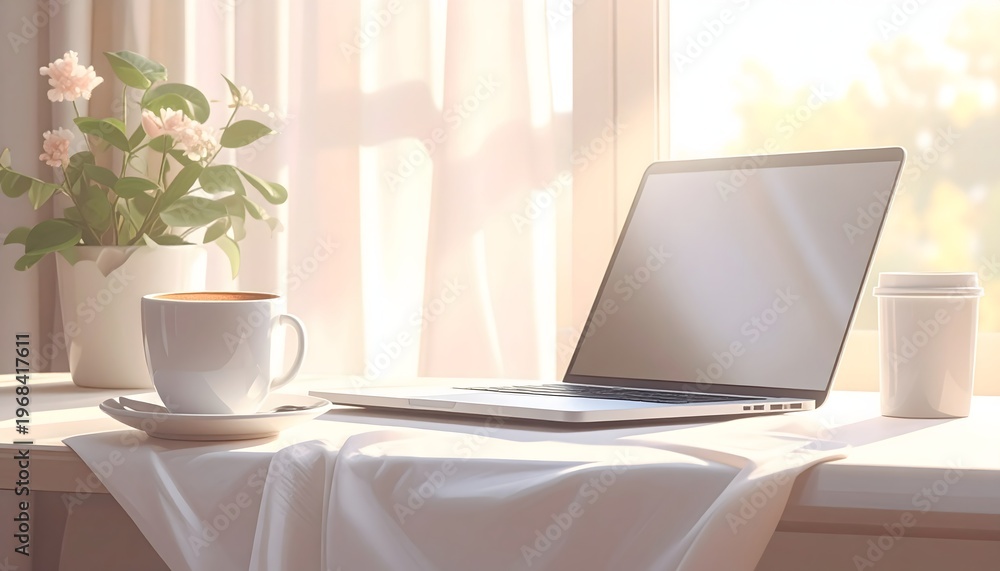 Fototapeta premium Serene Workspace with Coffee and Roses