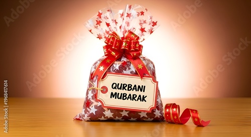 Eid Mubarak gift bag, Qurbani gift, festive red bag with stars, Islamic celebration, holiday treat