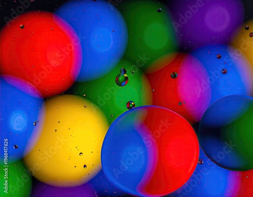 Colorful abstract spheres with water droplets closeup.