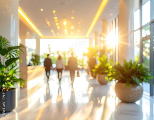 Bright modern office corridor with walking people.