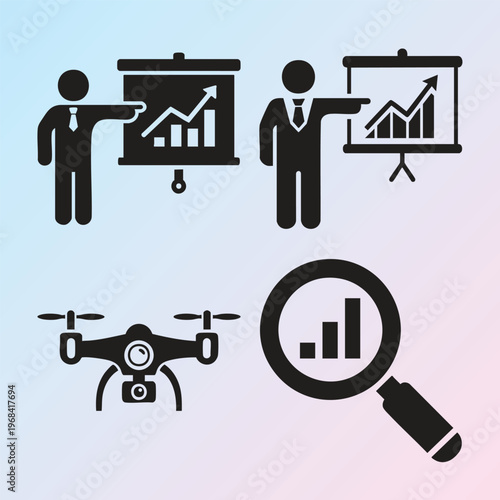 Business analytics icons, data analysis symbols, finance graphics, 4 vector signs