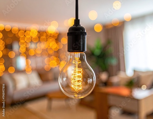 Vintage Edison Light Bulb Hanging in Cozy Living Room.