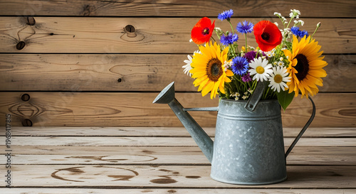 A bouquet of flowers in a watering can on a wooden deck
