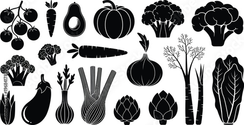 Black and white illustration of various vegetables and root crops