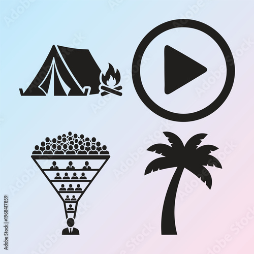 Camping, travel, and social media icons, vector set of 4