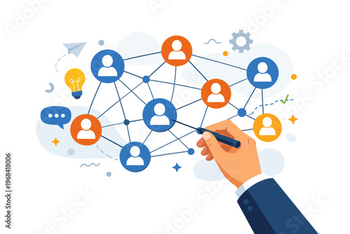 Social Network Connections Concept, Business Communication and Team Collaboration with Linked People Icons Illustration