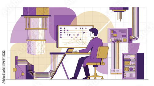 A dedicated scientist in a lab coat operates a complex quantum computer, analyzing intricate circuit diagrams on a monitor within a futuristic high-tech laboratory environment.
