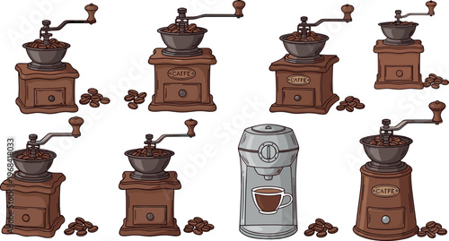 Coffee Grinder and Bean Set with Vintage Manual Grinders, Coffee Canister, and Ground Coffee Illustrations.