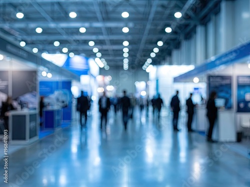 Blurred view of people walking in modern exhibition hall.