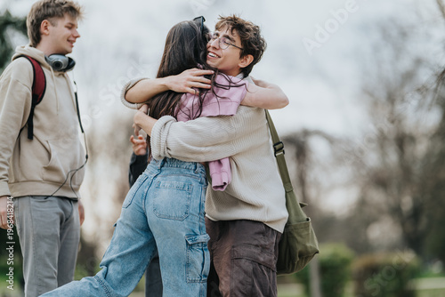 Canvastavla Two teenagers hug while a friend watches nearby in a public park