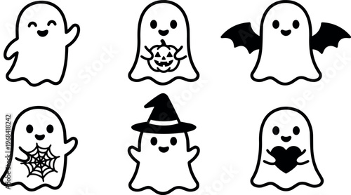 Vector art ghosts with halloween motifs pumpkin spider web bat wings and hat
