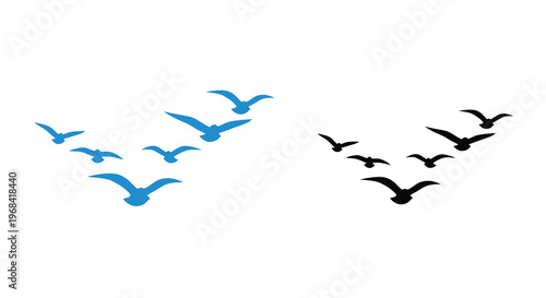 Flying birds in formation a vibrant blue and dark contrast silhouette