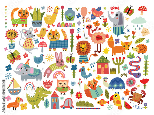 Baby hand drawn set for textile, posters, cards. Baby animals pattern. Fabric baby design. Vector illustration with cute animals. Nursery baby pattern illustration, whimsical animals.
