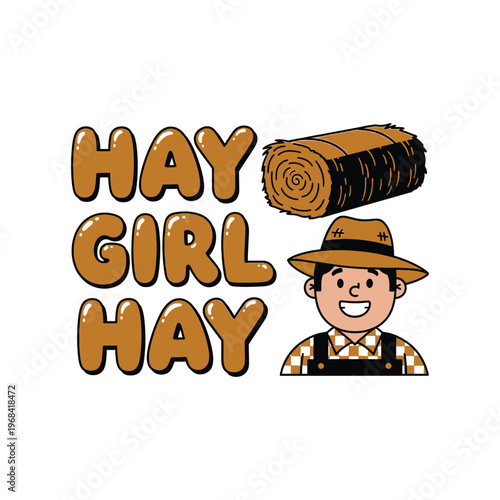 A cartoon farmer girl with hay and a friendly smile on her face tshirt design