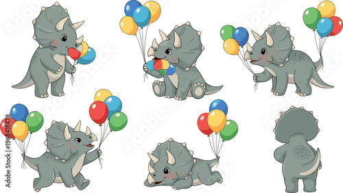 Cute Dinosaur with Balloons Illustration Set for Kids, Birthdays, and Fun Themes.
