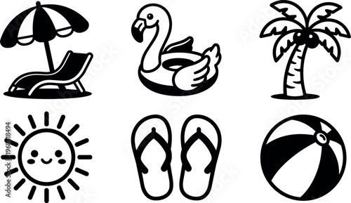 Vector art beach icons umbrella chair swan float palm sun flip flops ball