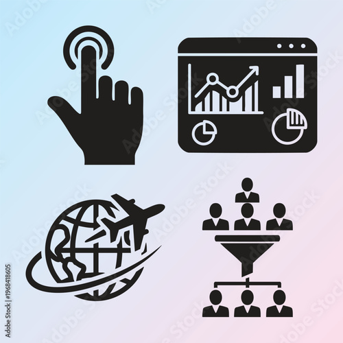 Business icons, web analytics, global communication, workflow management symbols