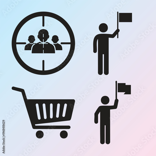 Marketing icons, targeting audience, shopping cart, advertising flags, vector graphics