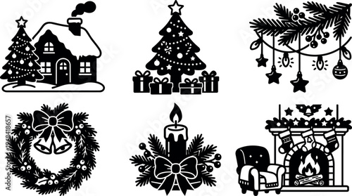 Vector art christmas house and tree with wreath and fireplace cozy holiday scene