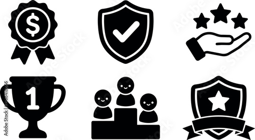 Vector icon set of award symbols including medal shield trophy group hand star in flat design style