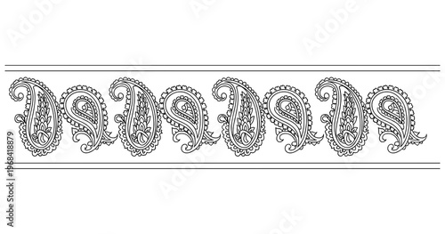 Ornamental paisley border with flowers and leaves, ethnic monochrome line art illustration for frame or invitation design.